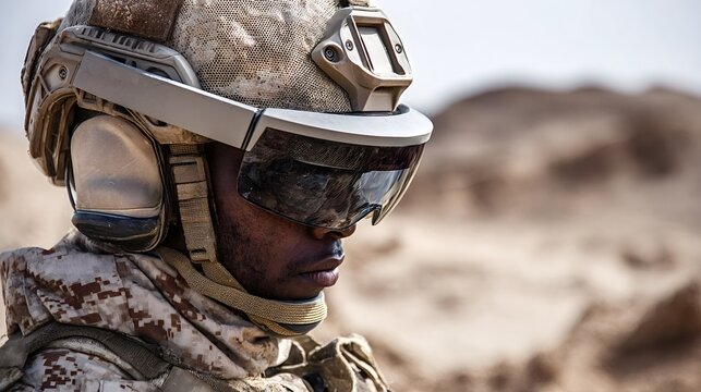Futuristic soldier with dark skin wearing an advanced tactical helmet and augmented reality visor. Standing in a barren desert environment. Representing military technology and future warfare concept