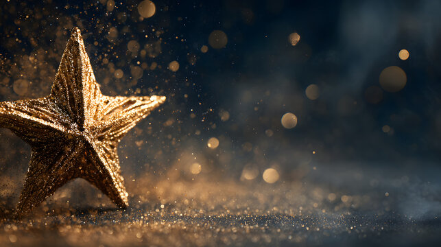 Golden glittery Christmas star ornament on dark background with magical bokeh lights