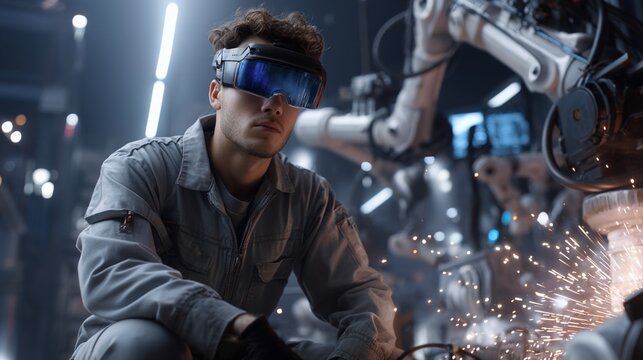 African technician welding with industrial robot in a modern factory environment