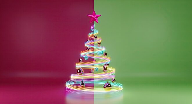 Abstract neon Christmas tree spiral with colorful lights on high contrast red and green background.
