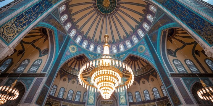 Grand interior architecture showcases an ornate central light fixture beneath a decorated dome