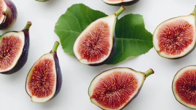 Fresh green figs with leaves sitting on a clean white surface, ideal for food or decoration s