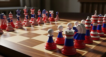 Patriotic chess set displayed on wooden board with american flag design for strategy and game enthusiasts