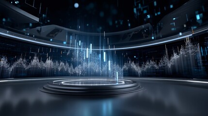 Futuristic corporate AI metaverse chamber with floating holograms, digital finance, deep navy and silver tones, high dynamic range