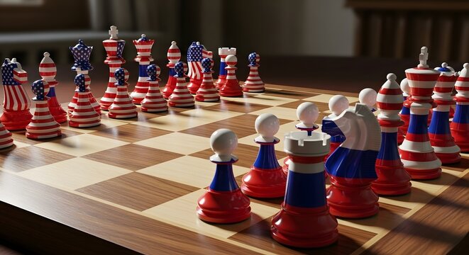 Patriotic chess set displayed on wooden board with american flag design for strategy and game enthusiasts
