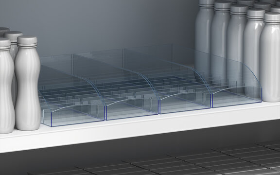 Close-up of empty clear acrylic display organizer boxes with dividers on supermarket shelf and blank product packaging. 3d illustration