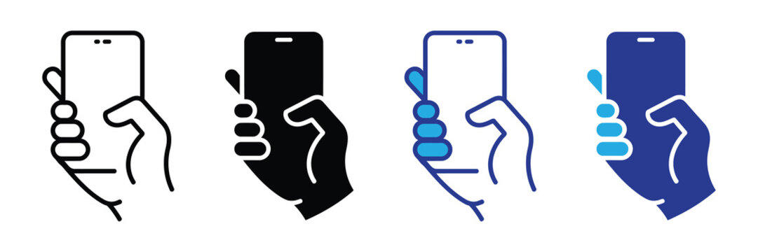 Vector graphic set showing four distinct icon style illustrations of a hand holding a modern smartphone, diverse design approaches.