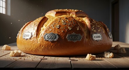 Artisan loaf of bread with price tags