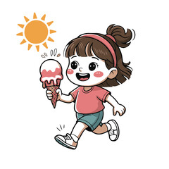 Cute cartoon girl running with ice cream cone under the sun