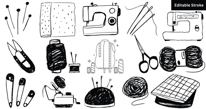 Set of 15 hand-drawn sewing and tailoring icons. Doodle needlework, machine, and thread vector illustration.