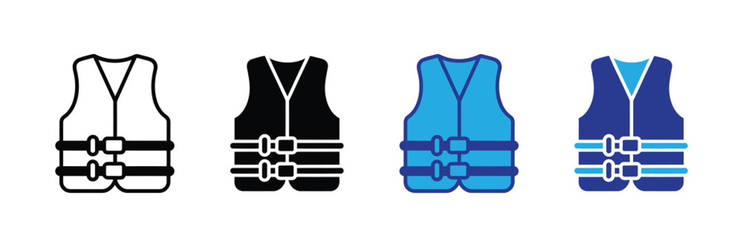 Set of diverse life jacket icons and symbols for water safety and rescue services, including outline, solid black, and blue variations with straps and buckles.
