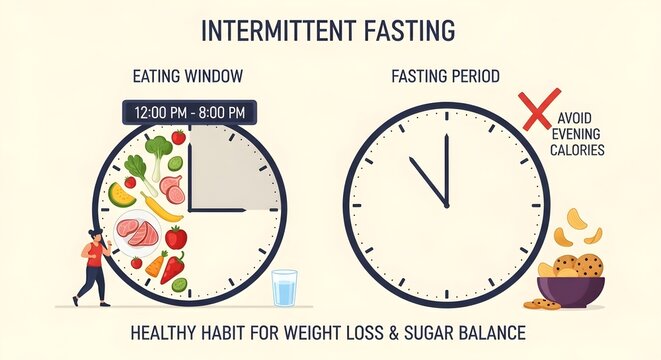 Diagram shows eating and fasting periods, highlighting healthy foods and avoiding snacks.