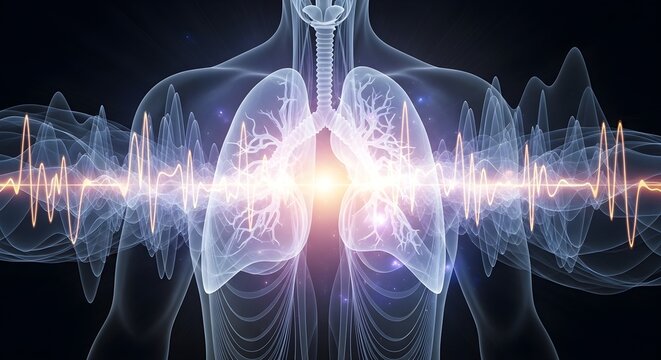 Lungs with energy waves symbolize the power of breathing techniques for health.