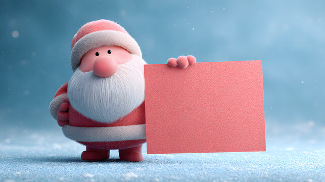 Cute 3D cartoon Santa Claus character holding a large blank red paper sign in snow