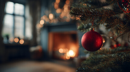 Close up of red Christmas ball on tree with blurred cozy fireplace background