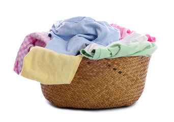Wicker basket with laundry isolated on white