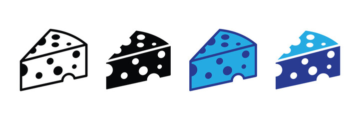 Collection of four stylized cheese wedge icons with holes, isolated on white background, showcasing different styles including outline, solid fill, and two-tone color variations.