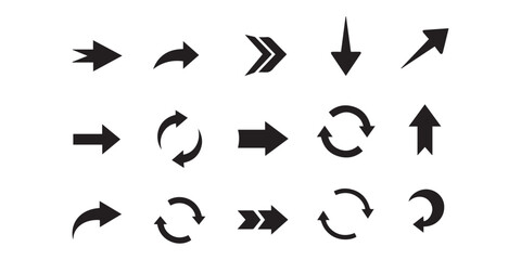 Black vector arrows collection. Big set of different arrow icons. Simple modern flat style for web design, mobile app or UI UX interface. Cursor and pointer symbols.