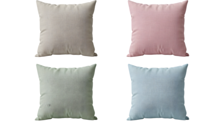 Four square textured throw pillows in beige pink light green and light blue isolated on a transparent background