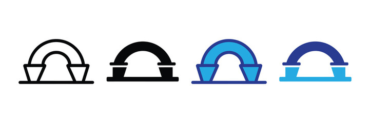 Set of stylized abstract arch bridge icons in outline, solid black, and blue color variations, isolated on white background