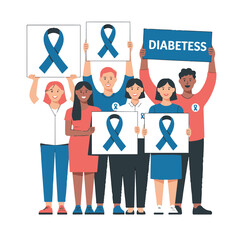 Diverse group of people holding signs with blue ribbon and the word diabetes, raising awareness for diabetes
