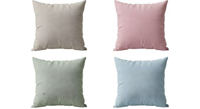Four square textured throw pillows in beige pink light green and light blue isolated on a transparent background