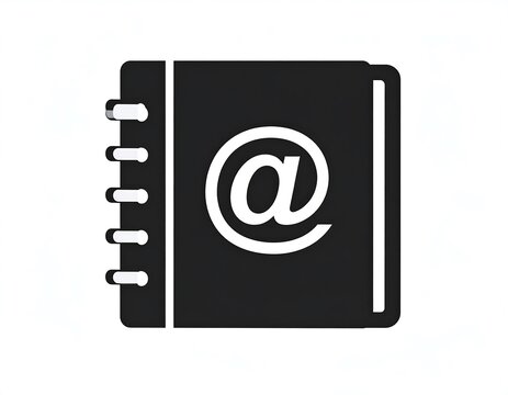 A simple, flat icon of a black address book with a bold, white "@" symbol on the cover, representing contact information