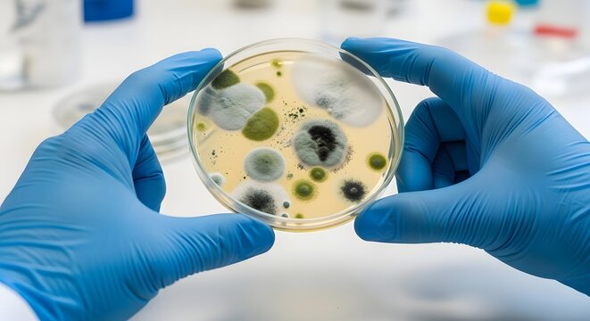 Microbiology study with hands holding petri dish featuring diverse bacteria colonies for scientific research and educational purposes