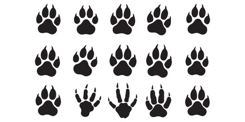 Different animal paw prints black silhouette vector set. Paw footprint icon set, paw print icons in different style, cute animal 