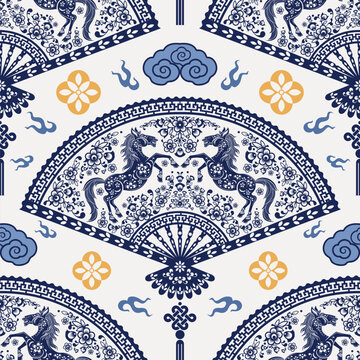 
Seamless pattern happy chinese new year 2026 the horse zodiac sign with asian elements paper cut style on color background. ( Translation : happy new year 2026 year of the horse )