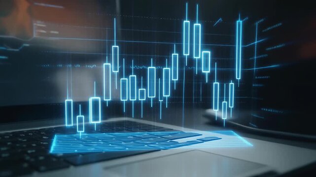A glowing blue holographic candlestick chart projected above a laptop keyboard, representing financial data analysis and technology. - Powered by Adobe
