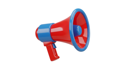 Red and blue megaphone 3d render isolated on transparent background