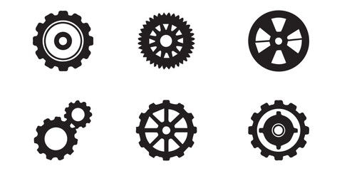 Collection of ten different black and white gear icons with varying tooth designs and styles isolated on transparent background