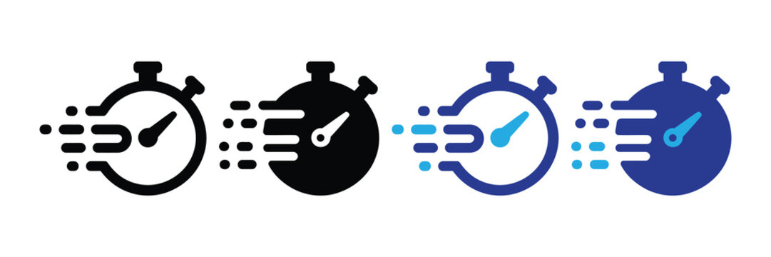 Four stopwatch icons in various styles, representing speed, time, and quick action with motion blur effects, isolated on white background.