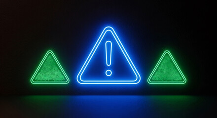 Three triangular neon signs, blue central warning symbol with exclamation point, green dot-filled triangles symbolizing hazard, caution, alert, danger
