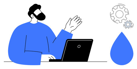 Man gesturing near laptop alongside gears and water drop, symbolizing teamwork, innovation, tech solutions, sustainability, creativity, productivity, environmental awareness. Simple flat metaphor