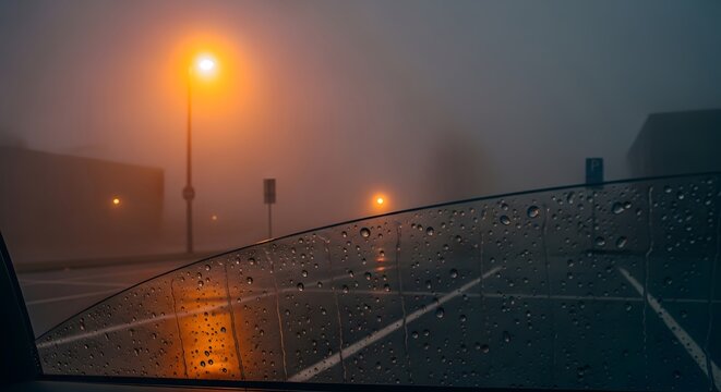 Foggy street view through car window at night