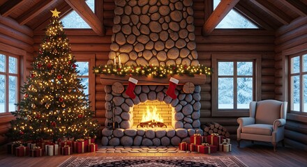 Cozy festive lodge interior with large stone fireplace, Christmas tree and snowy window view.