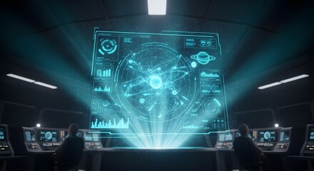 Futuristic control panel with holographic projection in command center