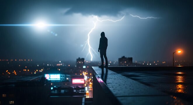 Lone person on rooftop observing stormy weather and lightning - Powered by Adobe