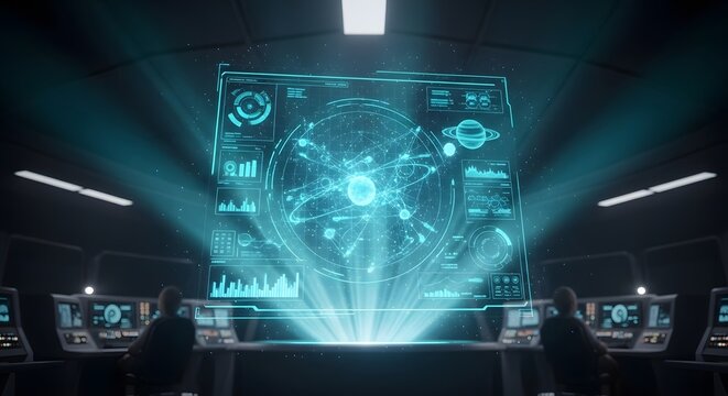 Futuristic control panel with holographic projection in command center