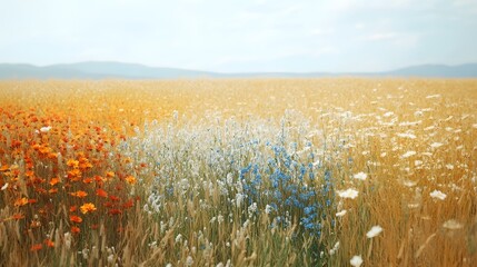 Vibrant Wildflower Meadow Under Warm Sunlight in Serene Countryside Landscape
