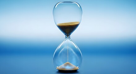 Time passing concept with golden sand flowing through glass hourglass representing limited duration for productivity and planning