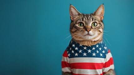 Curious Patriotic Cat in American Flag Outfit against Solid Background
