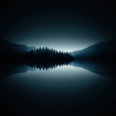 Fototapeta premium Dramatic Symmetrical Landscape of Dark Forest Silhouette Reflected in Still Water with Mist 
