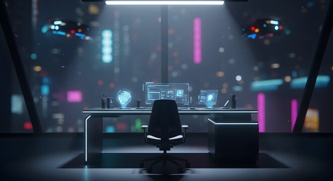 Futuristic office desk with cityscape view and drone