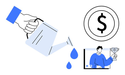 Hand holding a watering can pouring water, symbolizing investment and growth. Dollar sign indicates finance, and a person with a trophy represents achievement. Ideal for business, finance