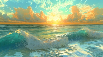 Mesmerizing Sunset Over Tranquil Ocean Waves Crashing on Tropical Beach