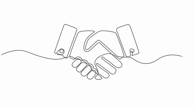 Handshaking of business partners drawn by one single line. 4K video animation with alpha channel, Continuous line drawing handshake animated video.