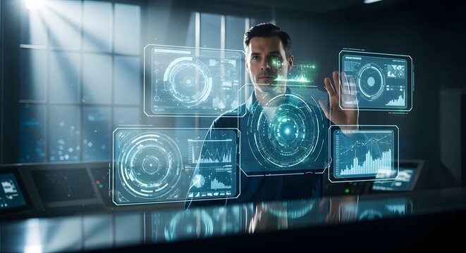 Man interacting with futuristic holographic interface in high-tech control room